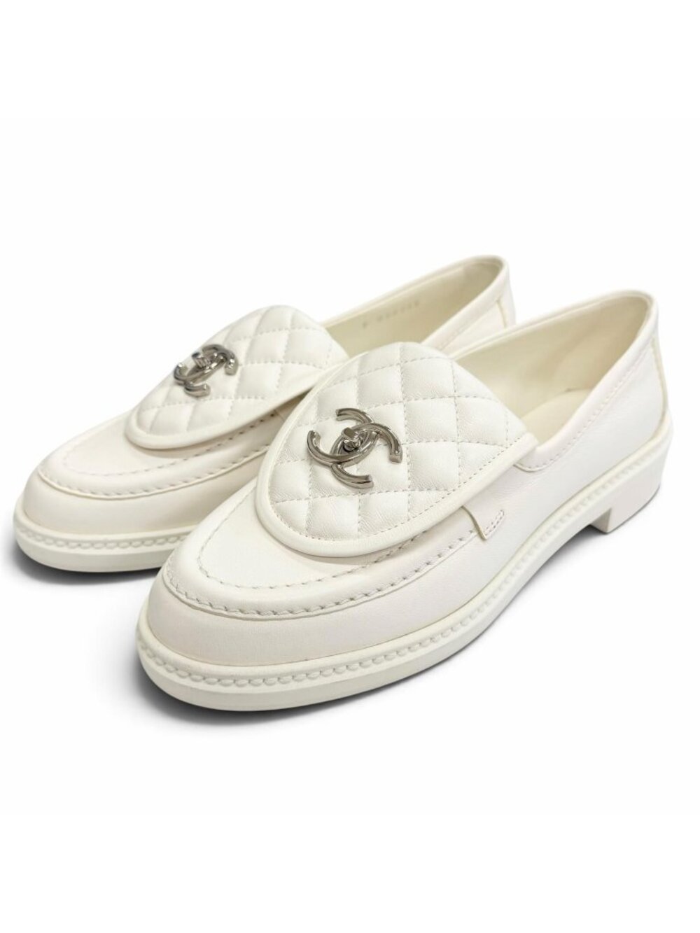 Chanel CC Logo CC Turnlock Quilted Leather Loafers White Silver